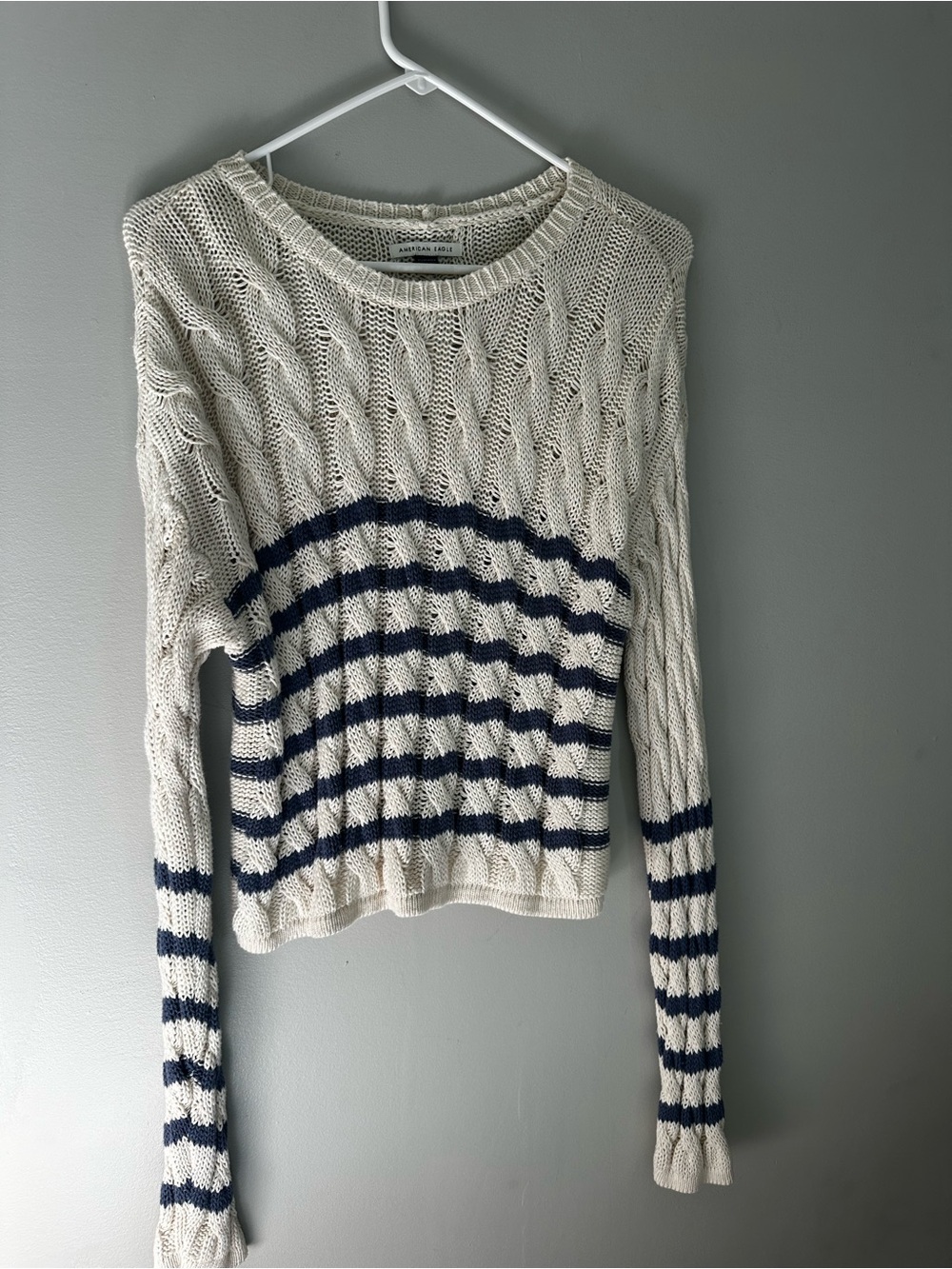 American Eagle Outfitters Cream and Navy Striped Cable Crew Sweater